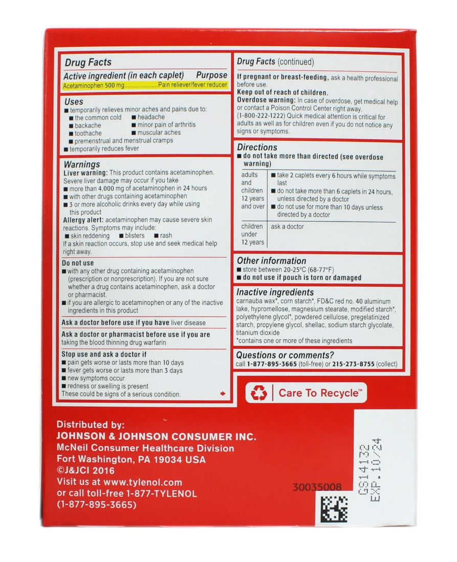 Tylenol Extra Strength 50 pouches of 2 caplets each 500mg