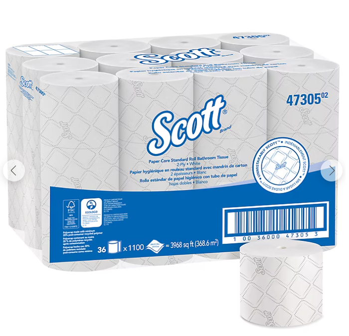 Scott Pro 2-Ply Small Core Standard Toilet Paper, White, 1100 Sheets/Roll, 36 Rolls/Carton