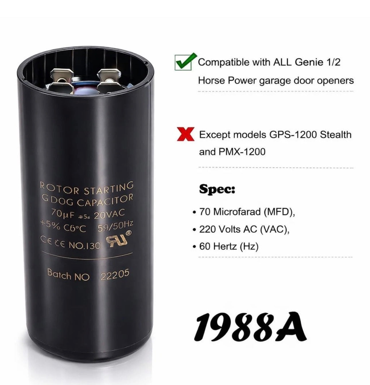 19988A Capacitor Compatible with Genie 1/2Hp Openers, 70 MFD 220 Vac 60 Hz Garag