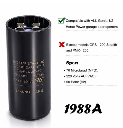 19988A Capacitor Compatible with Genie 1/2Hp Openers, 70 MFD 220 Vac 60 Hz Garag