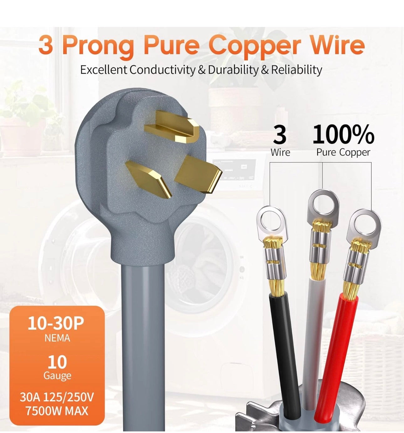 6 ft 3 Prong Dryer Cord, 30Amp 10 Gauge Dryer Power Cord Replacement.