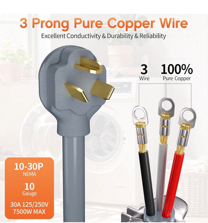 6 ft 3 Prong Dryer Cord, 30Amp 10 Gauge Dryer Power Cord Replacement.