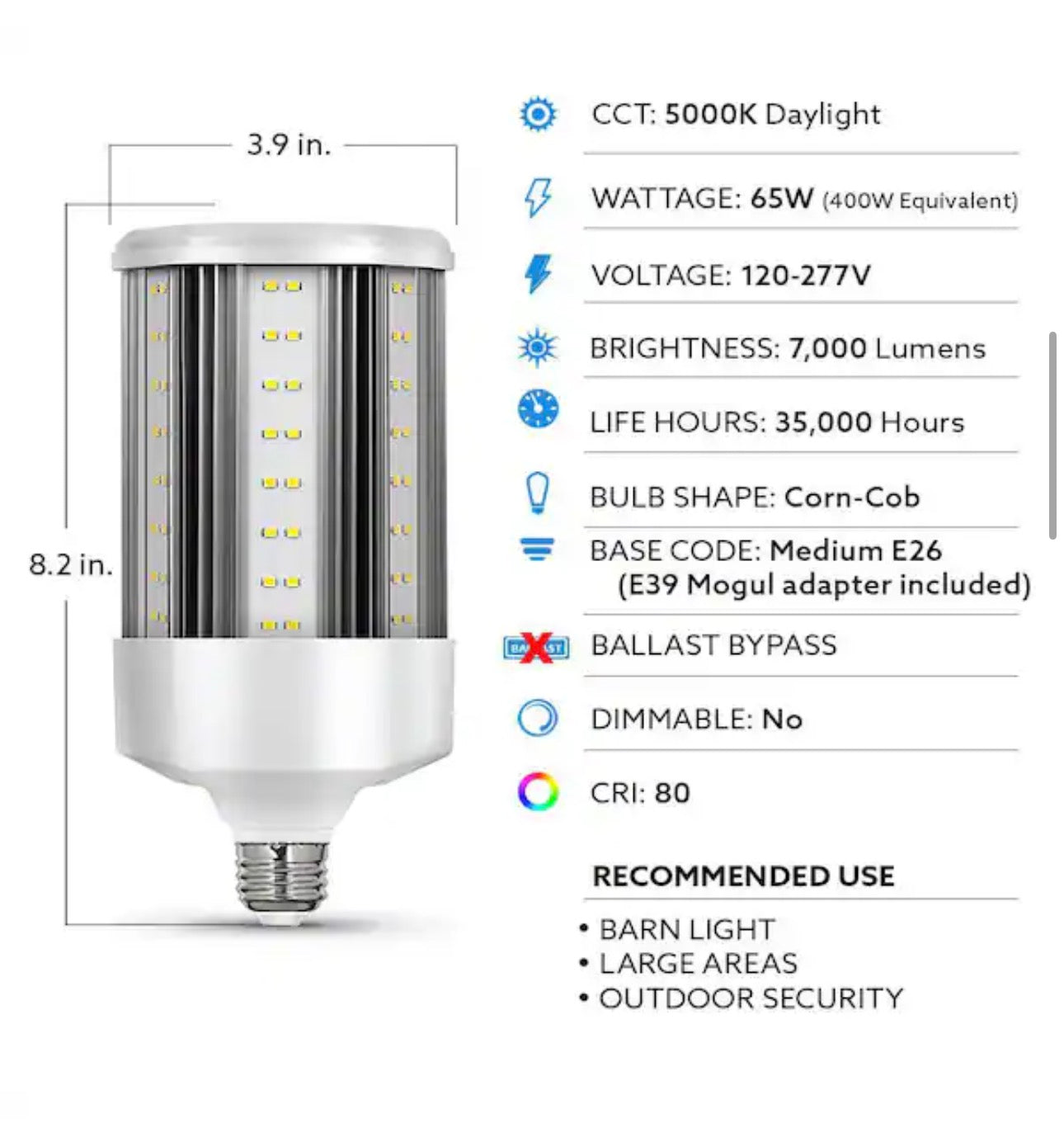400-WATT EQUIVALENT CORN COB E26 BASE WITH E30 MOGUL ADAPTER HIGH LUMEN HID UTILITY LED LIGHT BULB DAYLIGHT (5000K)