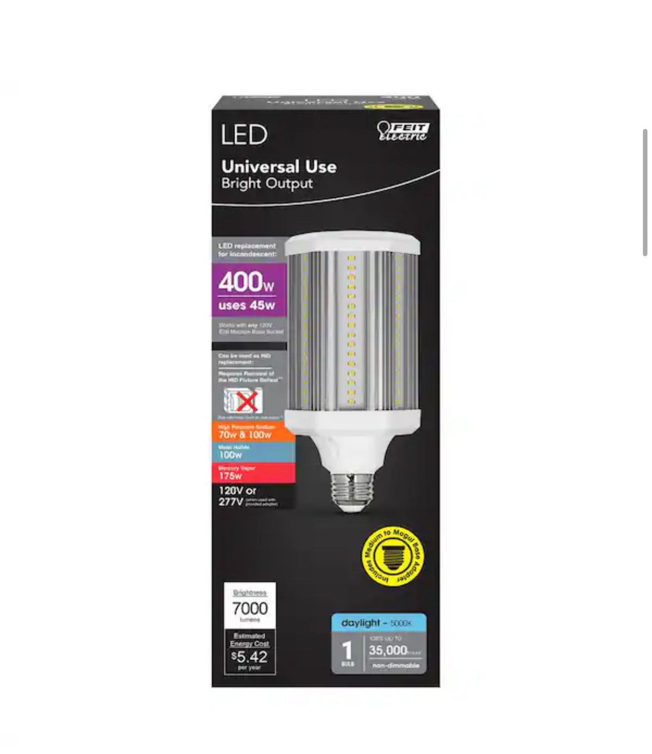 400-WATT EQUIVALENT CORN COB E26 BASE WITH E30 MOGUL ADAPTER HIGH LUMEN HID UTILITY LED LIGHT BULB DAYLIGHT (5000K)