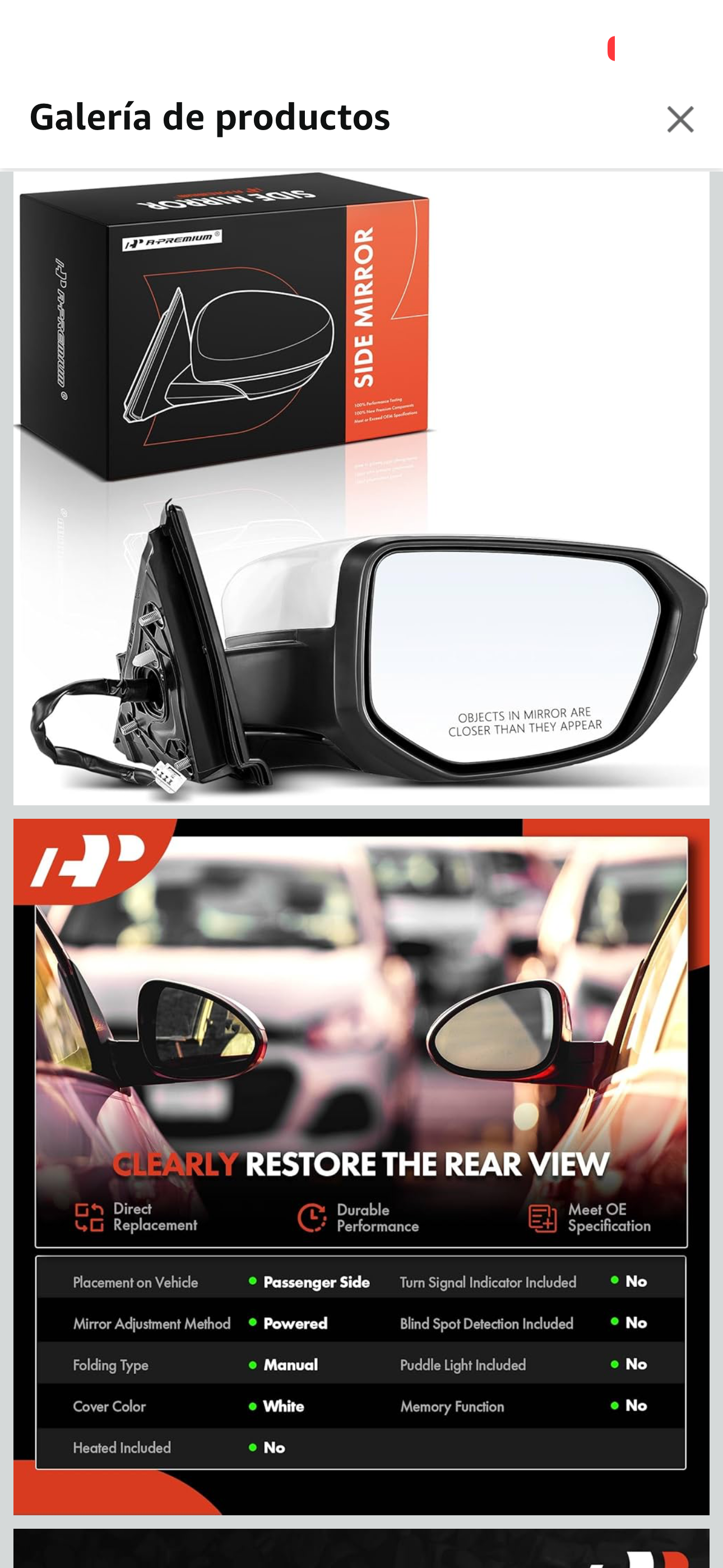 A-Premium electric rearview mirror for driver's side, compatible with Honda Civic 2016, 2017, 2018, 2019, 2020 and 2021. Manual exterior mirror, non-heated, white, painted to match.