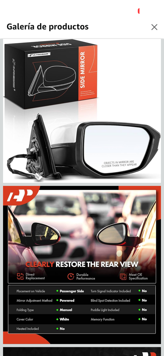 A-Premium electric rearview mirror for driver's side, compatible with Honda Civic 2016, 2017, 2018, 2019, 2020 and 2021. Manual exterior mirror, non-heated, white, painted to match.