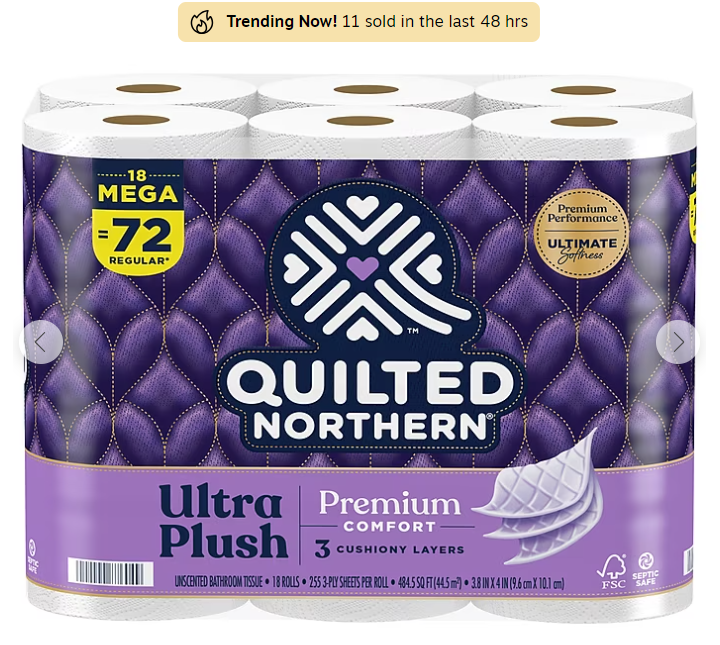 Quilted Northern Ultra Plush 3-Ply Standard Toilet Paper, White, 255 Sheets/Roll, 18 Rolls/Case