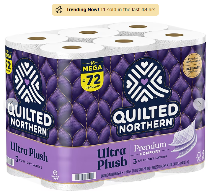 Quilted Northern Ultra Plush 3-Ply Standard Toilet Paper, White, 255 Sheets/Roll, 18 Rolls/Case